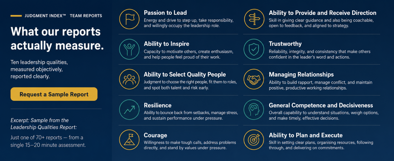 Judgment Index report overview showing leadership qualities measured